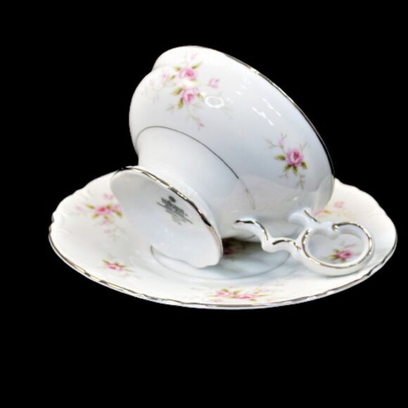 Mikasa VERSAILLES 9344 Footed Cup Saucer Set Fine China Pink Roses Silver Trim - Picture 3 of 10